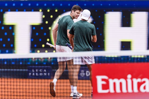 MUNICH, GERMANY - APRIL 19: Jakob Schnaitter (GER) Mark Wallner (GER) cheer during the BMW Open by Bitpanda Doubles match between Jakob Schnaitter (GER) Mark Wallner (GER) vs Theo Arribage (FRA) Albano Olivetti (FRA) at MTTC Iphitos on April 19, 2026 in Munich, Germany. Bavaria Germany Copyright: xSteffiexWunderlx
