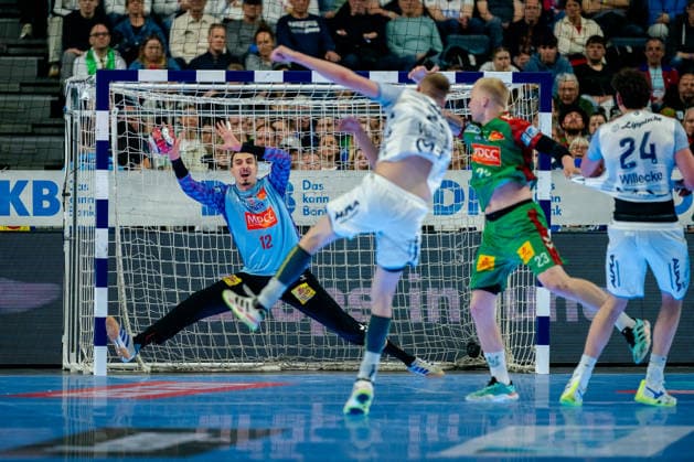 Cologne, 19 04 2026, Handball, Men, Lidl Final4, DHB Pokal, Match for 3rd place, TBV Lemgo Lippe SC Magdeburg Matej Mandic SC Magdeburg, 12 with a parade Cologne Lanxess Arena NRW Germany