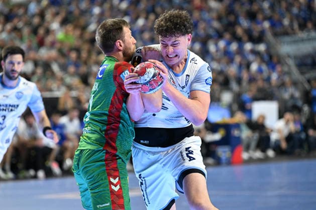 GER, Lanxess Arena Koeln, HBL, LIDL FINAL4, Men, Match for 3rd place, TBV Lemgo Lippe vs SC Magdeburg 19 04 2026, Lanxess Arena , Koeln , GER, Lanxess Arena Koeln, HBL, LIDL FINAL4, Men, Match for 3rd place, TBV Lemgo Lippe vs SC Magdeburg , in the picture Joel Willecke TBV Lemgo 24 , in a duel against Albin Lagergren SC Magdeburg 21 , nordphotoxGmbHx xMeuter nph00351