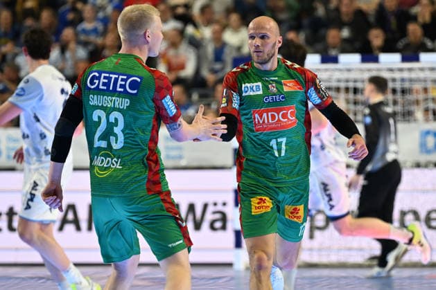 GER, Lanxess Arena Koeln, HBL, LIDL FINAL4, Men, Match for 3rd place, TBV Lemgo Lippe vs SC Magdeburg 19 04 2026, Lanxess Arena , Koeln , GER, Lanxess Arena Koeln, HBL, LIDL FINAL4, Men, Match for 3rd place, TBV Lemgo Lippe vs SC Magdeburg , in picture goal celebration jubilation, Tim Hornke SC Magdeburg 17 , Magnus Saugstrup Jensen SC Magdeburg 23 , nordphotoxGmbHx xMeuter nph00351