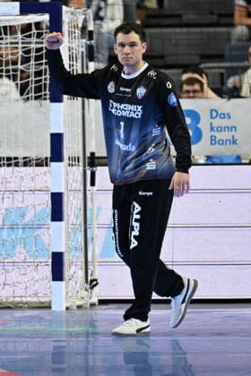 GER, Lanxess Arena Koeln, HBL, LIDL FINAL4, Men, match for 3rd place, TBV Lemgo Lippe vs SC Magdeburg 19 04 2026, Lanxess Arena , Koeln , GER, Lanxess Arena Koeln, HBL, LIDL FINAL4, Men, match for 3rd place, TBV Lemgo Lippe vs SC Magdeburg , in the picture Constantin Möstl Moestl goalkeeper TBV Lemgo 1 , is happy about a saved ball nordphotoxGmbHx xMeuter nph00351