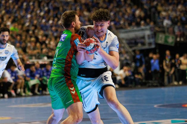 Joel WILLECKE TBV Lemgo Lippe, 24 in duel against Albin LAGERGREN SC Magdeburg, 21 GER, TBV Lemgo Lippe vs SC Magdeburg, Handball, DHB Pokal, LIDL Final4, Match for 3rd place, Match time 2025 2026, 19 04 2026, GER, TBV Lemgo Lippe vs SC Magdeburg, Handball, DHB Pokal, LIDL Final4, Match for 3rd place, Match time 2025 2026, 19 04 2026, Cologne Copyright: xEibnerxPressefoto OliverxSchmidtx EP_OST