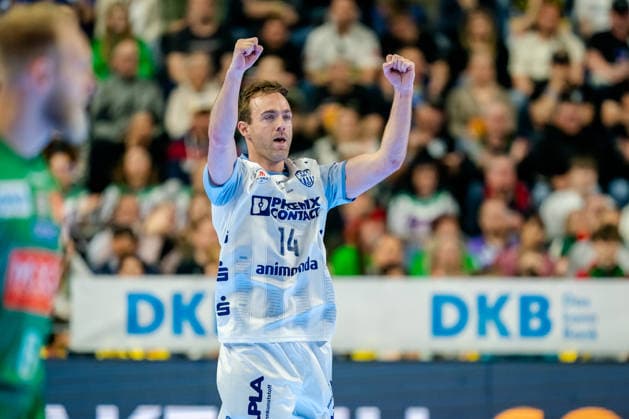 Cologne, 19 04 2026, Handball, Men, Lidl Final4, DHB Pokal, Match for 3rd place, TBV Lemgo Lippe SC Magdeburg Bobby Schagen TBV Lemgo, 14 cheers after a goal Cologne Lanxess Arena NRW Germany
