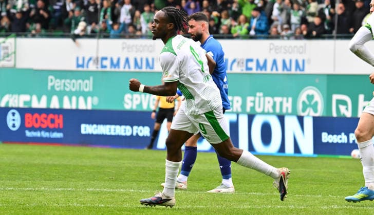 19 04 2026 Soccer Season 2025 2026 2 Soccer Bundesliga 30 Matchday SpVgg Greuther Fürth Kleeblatt SV Darmstadt 98 Lilien Sportfoto Zink xwoxzix DFL regulations prohibit any use of photographs as image sequences and or quasi video only for editorial use Torjubel Jubel Freude nach Treffer Tor Torschuß zum 1 1 durch Noel Futkeu 9, SpVgg Greuther Fürth