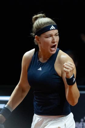 Karolina Muchova CZE in picture, cheering, joy, emotion, gesture, GER, Elena Rybakina vs Karolina Muchova, Tennis, ATP Tournament, WTA 500, Porsche Tennis Grand Prix, Final, 19 04 2026, GER, Elena Rybakina vs Karolina Muchova, Tennis, ATP Tournament, WTA 500, Porsche Tennis Grand Prix, Final, 19 04 2026, Stuttgart Copyright: xEibner-Pressefoto EdwardxCheungx EP_ECG