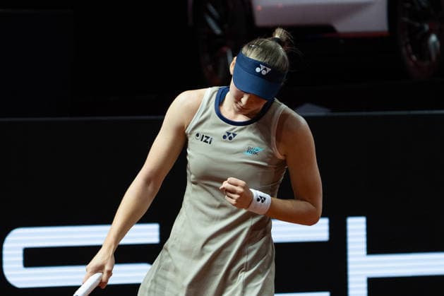 Elena Rybakina KAZ in picture, cheering, joy, emotion, gesture after winning the first set, GER, Elena Rybakina vs Karolina Muchova, Tennis, ATP Tournament, WTA 500, Porsche Tennis Grand Prix, Final, 19 04 2026, GER, Elena Rybakina vs Karolina Muchova, Tennis, ATP Tournament, WTA 500, Porsche Tennis Grand Prix, Final, 19 04 2026, Stuttgart Copyright: xEibner-Pressefoto EdwardxCheungx EP_ECG
