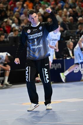 GER, Lanxess Arena Koeln, HBL, LIDL FINAL4, Men, Match for 3rd place, TBV Lemgo Lippe vs SC Magdeburg 19 04 2026, Lanxess Arena , Koeln , GER, Lanxess Arena Koeln, HBL, LIDL FINAL4, Men, Match for 3rd place, TBV Lemgo Lippe vs SC Magdeburg , in the picture Constantin Möstl Moestl goalkeeper TBV Lemgo 1 , is happy about a saved ball nordphotoxGmbHx xMeuter nph00351