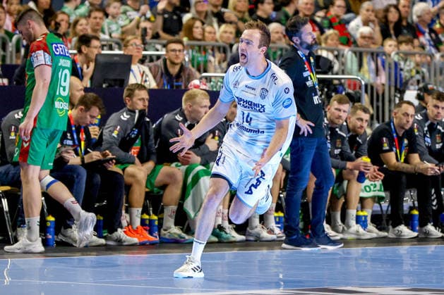 19 04 2026, xsscx, Handball, DHB Pokal Lidl Final4, Match for 3rd place, TBV Lemgo Lippe SC Magdeburg, Season 2025 2026 Men, Lanxess Arena, Cologne Bobby Schagen TBV Lemgo Lippe 14 celebrating after scoring Photo xSandraxScherningxPressefotoKochx North Rhine-Westphalia Germany