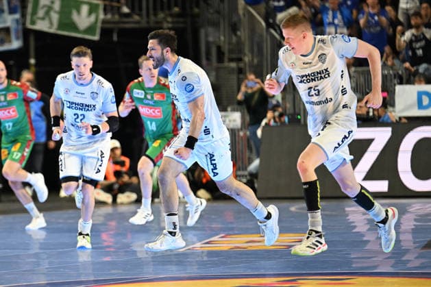 GER, Lanxess Arena Koeln, HBL, LIDL FINAL4, Men, Match for 3rd place, TBV Lemgo Lippe vs SC Magdeburg 19 04 2026, Lanxess Arena , Koeln , GER, Lanxess Arena Koeln, HBL, LIDL FINAL4, Men, Match for 3rd place, TBV Lemgo Lippe vs SC Magdeburg , in picture goal celebration jubilation jubilation run, Tim Suton TBV Lemgo 23 , Niels Versteijnen TBV Lemgo 25 , nordphotoxGmbHx xMeuter nph00351