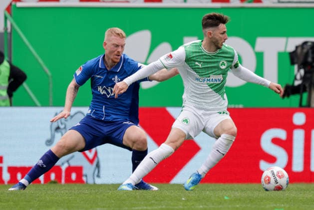 19 04 2026, xgrfx, Soccer 2 Bundesliga, SpVgg Greuther Fuerth SV Darmstadt 98 v l Kai Klefisch SV Darmstadt , Branimir Hrgota Greuther Fürth DFL DFB REGULATIONS PROHIBIT ANY USE OF PHOTOGRAPHS as IMAGE SEQUENCES and or QUASI VIDEO Fuerth