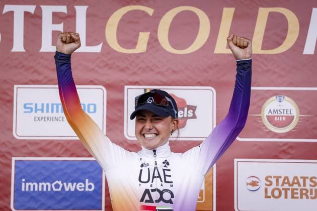 VALKENBURG - Paula Blasi (UAE Team ADQ) on the podium after the 2026 women s edition of the Amstel Gold Race in Valkenburg. MARCEL VAN HOORN ANP xVIxANPxSportx xxANPxIVx 556202386 originalFilename: 556202386.jpg
