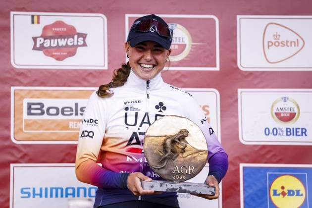 VALKENBURG - Paula Blasi (UAE Team ADQ) on the podium after the 2026 women s edition of the Amstel Gold Race in Valkenburg. MARCEL VAN HOORN ANP xVIxANPxSportx xxANPxIVx 556202526 originalFilename: 556202526.jpg