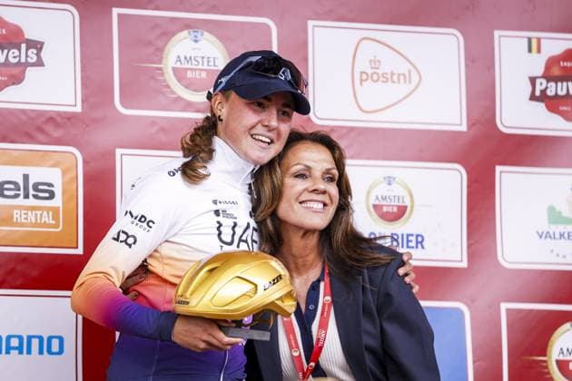 VALKENBURG - Paula Blasi (UAE Team ADQ) with women s race director Leontien van Moorsel on the podium after the 2026 women s edition of the Amstel Gold Race in Valkenburg. MARCEL VAN HOORN ANP xVIxANPxSportx xxANPxIVx 556202533 originalFilename: 556202533.jpg