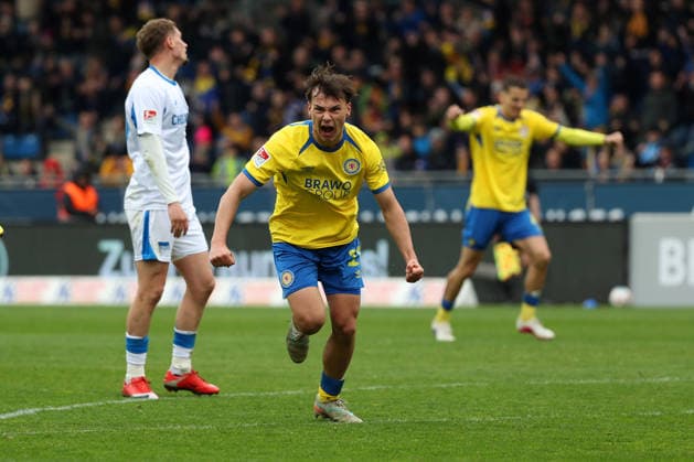 Braunschweig vs Hertha, 2 BL Braunschweig, 19 04 2026, Football, Men, 2 BL, Season 2025 2026, Eintracht Braunschweig vs Hertha BSC Berlin Max Marie Eintracht Braunschweig cheers after his goal for 1 1 DFL DFB REGULATIONS PROHIBIT ANY USE OF PHOTOGRAPHS as IMAGE SEQUENCES and or QUASI VIDEO Stadion an der Hamburger Straße Niedersachsen Germany