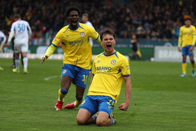 Braunschweig vs Hertha, 2 BL Braunschweig, 19 04 2026, Football, Men, 2 BL, Season 2025 2026, Eintracht Braunschweig vs Hertha BSC Berlin Max Marie Eintracht Braunschweig cheers with Faride Alidou Eintracht Braunschweig after his goal for 1 1 DFL DFB REGULATIONS PROHIBIT ANY USE OF PHOTOGRAPHS as IMAGE SEQUENCES and or QUASI VIDEO Stadion an der Hamburger Straße Niedersachsen Germany