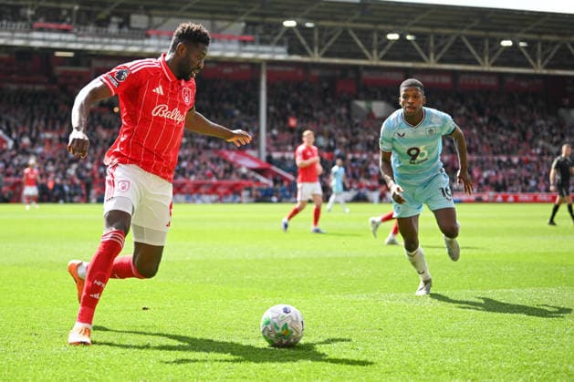 Nottingham, England, 19th April 2026. Ibrahim Sangare of Nottingham Forest looks to get past Florentino of Burnley during the Nottingham Forest vs Burnley Premier League match at the City Ground, Nottingham. Picture credit should read: Harriet Massey Sportimage EDITORIAL USE ONLY. No use with unauthorised audio, video, data, fixture lists, club league logos or live services. Online in-match use limited to 120 images, no video emulation. No use in betting, games or single club league player publications. SPI_050_FOREST_V_BURNLEY SPI-4702-0047