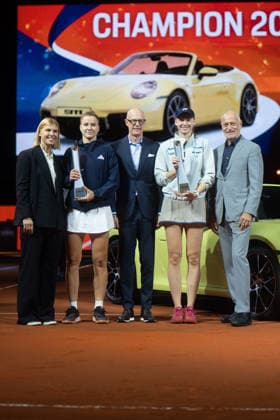 Anke Huber tournament organizer on the left in the picture, to the right Karolina Muchova CZE with trophy, in the middle Dr Michael Leiters CEO Porsche AG, winner Elena Rybakina KAZ to the right with winner trophy in front of Porsche 911, to the right Markus Günthardt tournament organizer , GER, Elena Rybakina vs Karolina Muchova, Tennis, ATP Tournament, WTA 500, Porsche Tennis Grand Prix, Final, 19 04 2026, GER, Elena Rybakina vs Karolina Muchova, Tennis, ATP Tournament, WTA 500, Porsche Tennis Grand Prix, Final, 19 04 2026, Stuttgart Copyright: xEibner-Pressefoto EdwardxCheungx EP_ECG