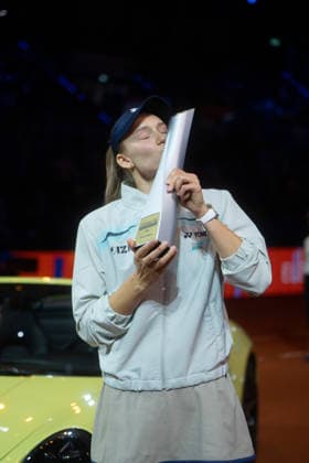 Winner Elena Rybakina KAZ in picture with winners trophy in front of Porsche 911, joy, jubilation, emotion, kisses trophy, GER, Elena Rybakina vs Karolina Muchova, Tennis, ATP Tournament, WTA 500, Porsche Tennis Grand Prix, Final, 19 04 2026, GER, Elena Rybakina vs Karolina Muchova, Tennis, ATP Tournament, WTA 500, Porsche Tennis Grand Prix, Final, 19 04 2026, Stuttgart Copyright: xEibner-Pressefoto EdwardxCheungx EP_ECG