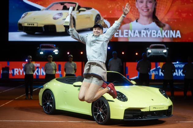 Winner Elena Rybakina KAZ pictured with winners trophy in front of Porsche 911, joy, jubilation, emotion, GER, Elena Rybakina vs Karolina Muchova, Tennis, ATP Tournament, WTA 500, Porsche Tennis Grand Prix, Final, 19 04 2026, GER, Elena Rybakina vs Karolina Muchova, Tennis, ATP Tournament, WTA 500, Porsche Tennis Grand Prix, Final, 19 04 2026, Stuttgart Copyright: xEibner-Pressefoto EdwardxCheungx EP_ECG