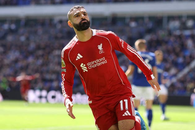 Everton gegen Liverpool 19 April 2026, Liverpool Premier League Fußball Everton gegen Liverpool Mohamed Salah von Liverpool feiert den Führungstreffer Foto Jacques Feeney Abseits Liverpool UK  Copyright: xJacquesxFeeneyx xOffsidexOffside