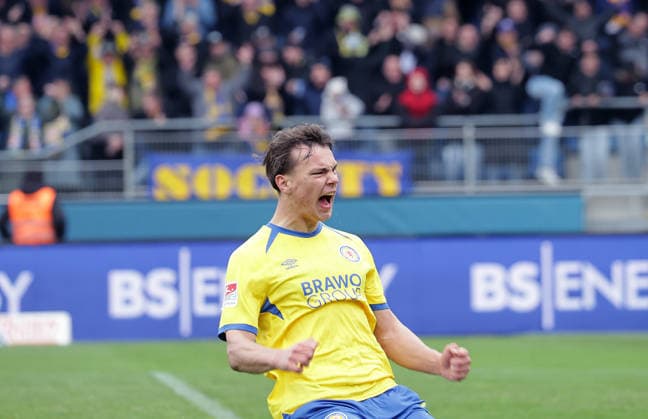 Max Marie Eintracht Braunschweig scores the 1 1, Joy Football, Men, Season 2025 2026 2 BL, Eintracht Stadion, Eintracht Braunschweig vs Hertha BSC Berlin 1 1 DFL REGULATIONS PROHIBIT ANY USE OF PHOTOGRAPHS AS IMAGE SEQUENCES AND OR QUASI VIDEO