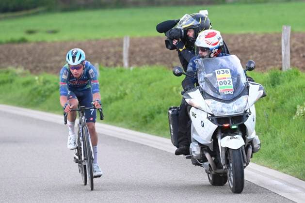 Amstel Gold Race 2026 Cycling Race VALKENBURG, THE NETHERLANDS - APRIL 19 : Reinderink Pepijn (NED) of Soudal Quick-Step during the 60th edition of Amstel Gold Race an UCI World Tour 1.UWT one day cycling road race for Men Elite of 220 km with start in Maastricht and finish in Valkenburg on April 19, 2026 in Valkenburg, The Netherlands, 19 04 2026 ( Motordriver Kenny Verfaillie - Valkenburg The Netherlands  Copyright: xVincentxKalutx