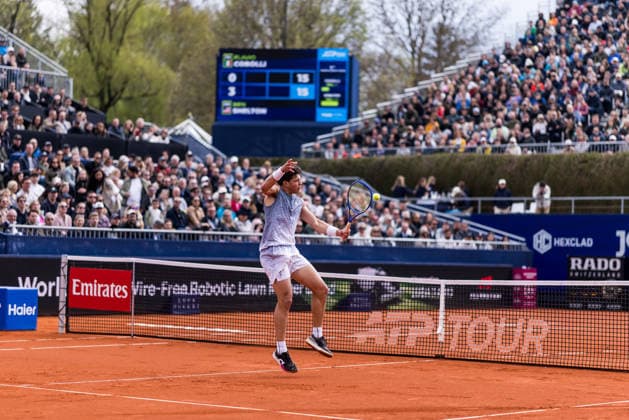 MUNICH, GERMANY - APRIL 19: Ben Shelton (USA) during the BMW Open by Bitpanda Singles match between Flavio Cobolli (ITA) vs Ben Shelton (USA) at MTTC Iphitos on April 19, 2026 in Munich, Germany. Bavaria Germany Copyright: xSteffiexWunderlx