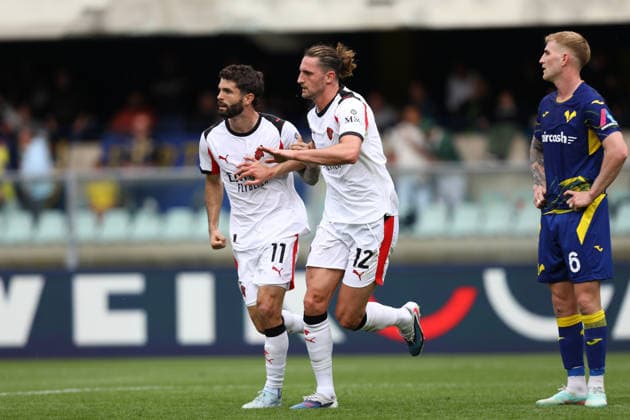 April 19, 2026, Verona, Veneto, Italy: ADRIEN RABIOT 12 of AC Milan celebrates scoring his side s first goal in the Matchday 33 of 38 of the Serie A 2025 26 between HELLAS VERONA and AC MILAN at the Bentegodi Stadium in Verona, Italy. Soccer 2026: Hellas Verona : AC Milan  - ZUMAc179 20260419_zep_c179_009 Copyright: xMickaelxChavetx