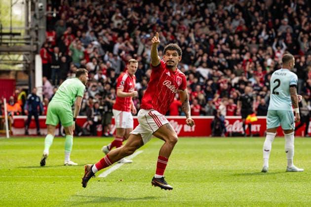 19th April 2026; The City Ground, Nottingham, England; Premier League Football, Nottingham Forest versus Burnley; Morgan Gibbs-White of Nottingham Forest celebrates scoring in the 62nd minute to make the score 1-1 GodfreyxPitt