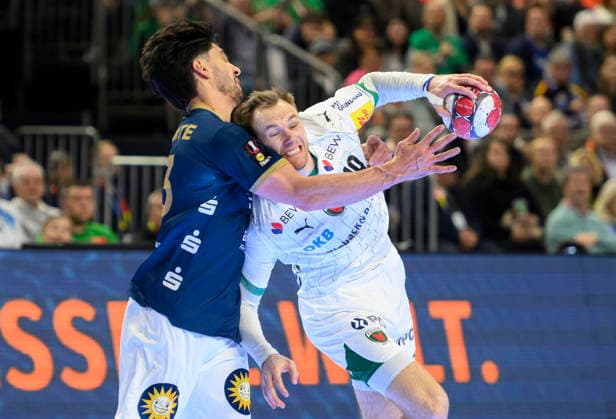 l r Eloy MORANTE MALDONADO BHC , Mathias GIDSEL B duel, action final Füchse Berlin B Bergischer HC BHC , on 19 04 2026 Handball DHB Pokal Final4 2026, from 18 04 19 04 2026 in Cologne Germany Â