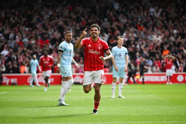 Nottingham, England, 19th April 2026. Morgan Gibbs-White of Nottingham Forest celebrates scoring a third goal for his side to complete his hat-trick during the Nottingham Forest vs Burnley Premier League match at the City Ground, Nottingham. Picture credit should read: Harriet Massey Sportimage EDITORIAL USE ONLY. No use with unauthorised audio, video, data, fixture lists, club league logos or live services. Online in-match use limited to 120 images, no video emulation. No use in betting, games or single club league player publications. SPI_091_FOREST_V_BURNLEY SPI-4702-0085