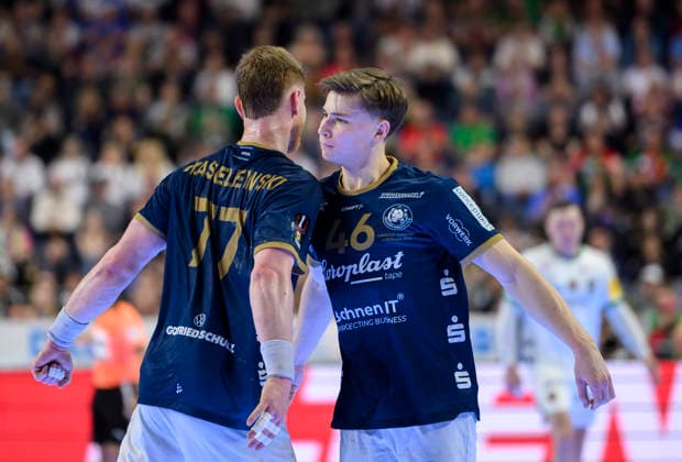 l r Johannes Wasielewski BHC , Julian Fuchs BHC high-five each other Final Füchse Berlin B Bergischer HC BHC , on 19 04 2026 Handball DHB Pokal Final4 2026, from 18 04 19 04 2026 in Cologne Germany Â