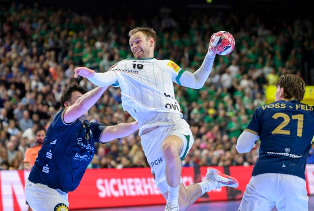 l r Aron SEESING BHC , Mathias GIDSEL B Action Final Füchse Berlin B Bergischer HC BHC , on 19 04 2026 Handball DHB Pokal Final4 2026, from 18 04 19 04 2026 in Cologne Germany Â