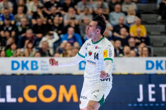 Cologne, 19 04 2026, Handball, Men, Lidl Final4, DHB Pokal, Final, Füchse Berlin Bergischer HC Aitor Arino Füchse Berlin, 14 cheers after a goal Cologne Lanxess Arena NRW Germany
