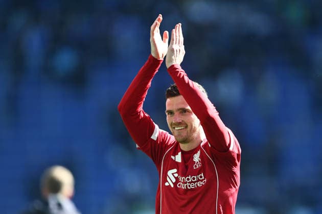 Andrew Robertson of Liverpool applauds the away fans Everton v Liverpool, Premier League, Football, Hill Dickinson Stadium, Liverpool, UK - 19 Apr 2026Liverpool Hill Dickinson Stadium United Kingdom EDITORIAL USE ONLY No use with unauthorised audio, video, data, fixture lists, club league logos or live services. Online in-match use limited to 120 images, no video emulation. No use in betting, games or single club league player publications. Copyright: xPhilxOldham Shutterstockx 16832209cc