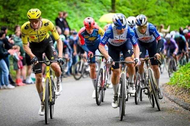 American Matteo Jorgenson of Team Visma-Lease a Bike, Slovenian Jan Tratnik of Red Bull-BORA-hansgrohe and Belgian Remco Evenepoel of Red Bull-BORA-hansgrohe pictured in action during the men elite Amstel Gold Race one day cycling race, 257,4 km from Maastricht to Valkenburg, The Netherlands, Sunday 19 April 2026. POOLxVINCENTxKALUT  x171341473x