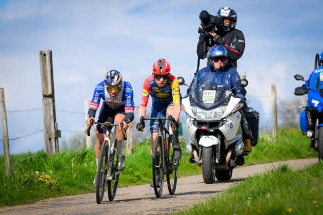Belgian Remco Evenepoel of Red Bull-BORA-hansgrohe and Danish Mattias Skjelmose of Lidl-Trek pictured in action during the men elite Amstel Gold Race one day cycling race, 257,4 km from Maastricht to Valkenburg, The Netherlands, Sunday 19 April 2026. POOLxVINCENTxKALUT  x171342629x