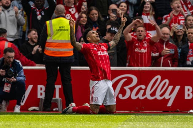 19th April 2026; The City Ground, Nottingham, England; Premier League Football, Nottingham Forest versus Burnley; Igor Jesus of Nottingham Forest celebrates scoring in the 8th minute of added time in the second half to make the score 4-1 GodfreyxPitt