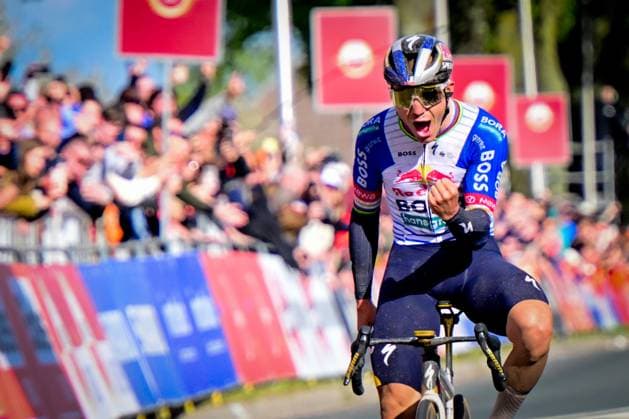 Belgian Remco Evenepoel of Red Bull-BORA-hansgrohe celebrates as he crosses the finish line to win the men elite Amstel Gold Race one day cycling race, 257,4 km from Maastricht to Valkenburg, The Netherlands, Sunday 19 April 2026. DIRKxWAEM  x171344942x