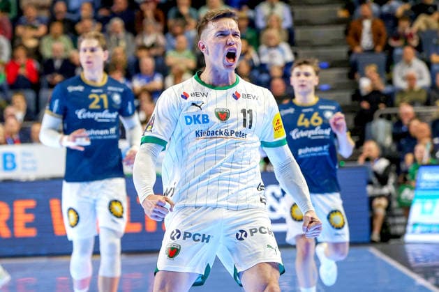 19 04 2026, xsscx, Handball, DHB Pokal Lidl Final4, Final, Füchse Berlin Bergischer HC, Season 2025 2026 Men, Lanxess Arena, Cologne Lasse Andersson Füchse Berlin 11 celebrates a goal Photo xSandraxScherningxPressefotoKochx Nordrhein Westfalen Germany
