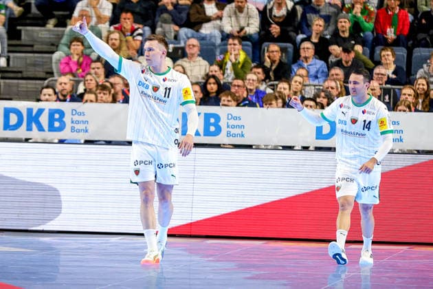 19 04 2026, xsscx, Handball, DHB Pokal Lidl Final4, Final, Füchse Berlin Bergischer HC, Season 2025 2026 Men, Lanxess Arena, Cologne Lasse Andersson Füchse Berlin 11 and Aitor Arino Füchse Berlin 14 score a goal Photo xSandraxScherningxPressefotoKochx Nordrhein Westfalen Germany