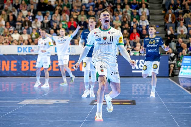 19 04 2026, xsscx, Handball, DHB Pokal Lidl Final4, Final, Füchse Berlin Bergischer HC, Season 2025 2026 Men, Lanxess Arena, Cologne Lasse Andersson Füchse Berlin 11 celebrates a goal Photo xSandraxScherningxPressefotoKochx Nordrhein Westfalen Germany