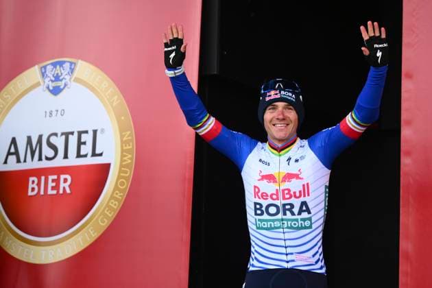 Amstel Gold Race 2026 Cycling Race VALKENBURG, THE NETHERLANDS - APRIL 19 : Evenepoel Remco (BEL) of Red Bull - BORA - Hansgrohe pictured during the podium ceremony of the 60th edition of Amstel Gold Race an UCI World Tour 1.UWT one day cycling road race for Men Elite of 220 km with start in Maastricht and finish in Valkenburg on April 19, 2026 in Valkenburg, The Netherlands, 19 04 2026 ( Motordriver Kenny Verfaillie - Valkenburg The Netherlands  Copyright: xVincentxKalutx