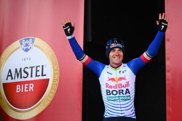 Amstel Gold Race 2026 Cycling Race VALKENBURG, THE NETHERLANDS - APRIL 19 : Evenepoel Remco (BEL) of Red Bull - BORA - Hansgrohe pictured during the podium ceremony of the 60th edition of Amstel Gold Race an UCI World Tour 1.UWT one day cycling road race for Men Elite of 220 km with start in Maastricht and finish in Valkenburg on April 19, 2026 in Valkenburg, The Netherlands, 19 04 2026 ( Motordriver Kenny Verfaillie - Valkenburg The Netherlands  Copyright: xVincentxKalutx