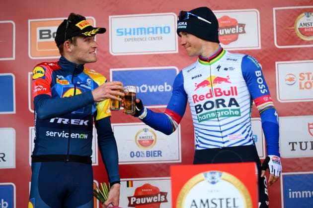 Amstel Gold Race 2026 Cycling Race VALKENBURG, THE NETHERLANDS - APRIL 19 : Skjelmose Mattias (DEN) of Lidl - Trek, Evenepoel Remco (BEL) of Red Bull - BORA - Hansgrohe pictured during the podium ceremony of the 60th edition of Amstel Gold Race an UCI World Tour 1.UWT one day cycling road race for Men Elite of 220 km with start in Maastricht and finish in Valkenburg on April 19, 2026 in Valkenburg, The Netherlands, 19 04 2026 ( Motordriver Kenny Verfaillie - Valkenburg The Netherlands  Copyright: xVincentxKalutx