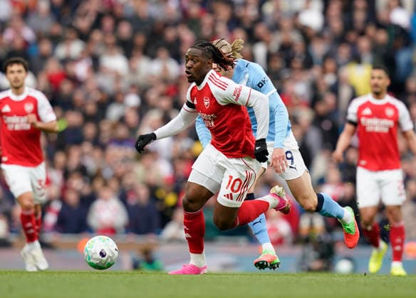 Manchester, England, 19th April 2026. Erling Haaland of Manchester City (r) and Eberechi Eze of Arsenal (l) during the Manchester City vs Arsenal Premier League match at the Etihad Stadium, Manchester. Picture credit should read: Andrew Yates Sportimage EDITORIAL USE ONLY. No use with unauthorised audio, video, data, fixture lists, club league logos or live services. Online in-match use limited to 120 images, no video emulation. No use in betting, games or single club league player publications. SPI_044_AY_Man_City_Arsenal SPI-4704-0044