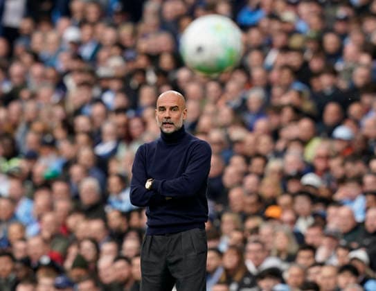 Manchester, England, 19th April 2026. Pep Guardiola coach of Manchester City during the Manchester City vs Arsenal Premier League match at the Etihad Stadium, Manchester. Picture credit should read: Andrew Yates Sportimage EDITORIAL USE ONLY. No use with unauthorised audio, video, data, fixture lists, club league logos or live services. Online in-match use limited to 120 images, no video emulation. No use in betting, games or single club league player publications. SPI_046_AY_Man_City_Arsenal SPI-4704-0042