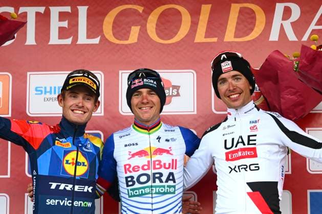 Amstel Gold Race 2026 Cycling Race VALKENBURG, THE NETHERLANDS - APRIL 19 : Skjelmose Mattias (DEN) of Lidl - Trek, Evenepoel Remco (BEL) of Red Bull - BORA - Hansgrohe and Cosnefroy Benoit (FRA) of UAE Team Emirates - XRG pictured during the podium ceremony of the 60th edition of Amstel Gold Race an UCI World Tour 1.UWT one day cycling road race for Men Elite of 220 km with start in Maastricht and finish in Valkenburg on April 19, 2026 in Valkenburg, The Netherlands, 19 04 2026 ( Motordriver Kenny Verfaillie - Valkenburg The Netherlands  Copyright: xVincentxKalutx