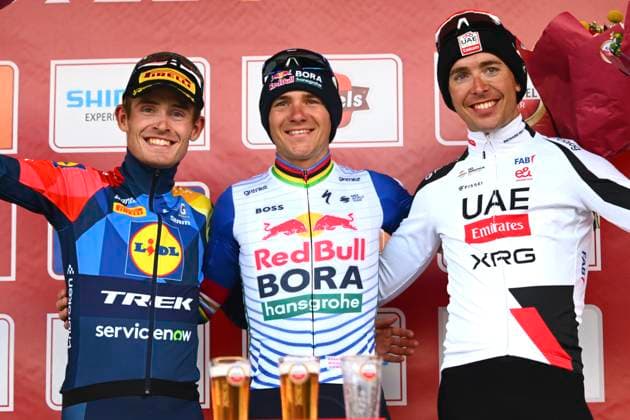 Amstel Gold Race 2026 Cycling Race VALKENBURG, THE NETHERLANDS - APRIL 19 : Skjelmose Mattias (DEN) of Lidl - Trek, Evenepoel Remco (BEL) of Red Bull - BORA - Hansgrohe and Cosnefroy Benoit (FRA) of UAE Team Emirates - XRG pictured during the podium ceremony of the 60th edition of Amstel Gold Race an UCI World Tour 1.UWT one day cycling road race for Men Elite of 220 km with start in Maastricht and finish in Valkenburg on April 19, 2026 in Valkenburg, The Netherlands, 19 04 2026 ( Motordriver Kenny Verfaillie - Valkenburg The Netherlands  Copyright: xVincentxKalutx