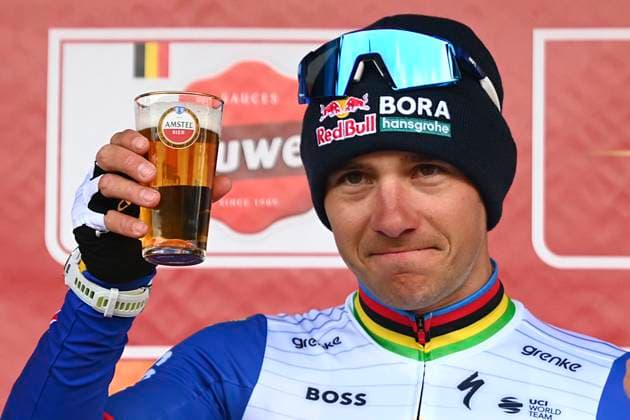 Amstel Gold Race 2026 Cycling Race VALKENBURG, THE NETHERLANDS - APRIL 19 : Evenepoel Remco (BEL) of Red Bull - BORA - Hansgrohe pictured during the podium ceremony of the 60th edition of Amstel Gold Race an UCI World Tour 1.UWT one day cycling road race for Men Elite of 220 km with start in Maastricht and finish in Valkenburg on April 19, 2026 in Valkenburg, The Netherlands, 19 04 2026 ( Motordriver Kenny Verfaillie - Valkenburg The Netherlands  Copyright: xVincentxKalutx
